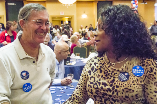 Dan Heirshberg and Rosie Joe-Heirshberg share a laugh as numbers start to come in.
